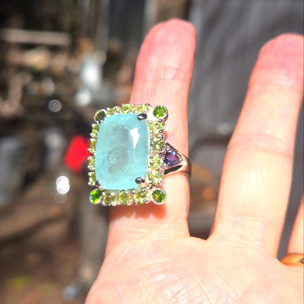 Aquamarine 17k Peridot Chrome Diopside & lolite sterling cocktail ring sz7 - Picture 1 of 11